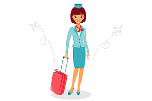 Cheerful cartoon flight attendant in uniform with suitcase