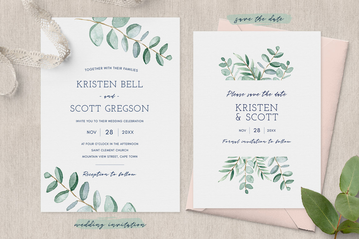 Eucalyptus Wedding Invitation Suite, an Invitation Template by ClementineCreative (Photo 2 of 10)