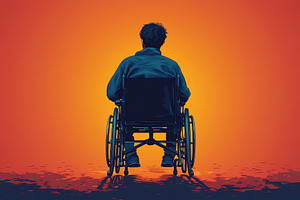 Person in wheelchair facing a vibran, a Photo by Tanuart