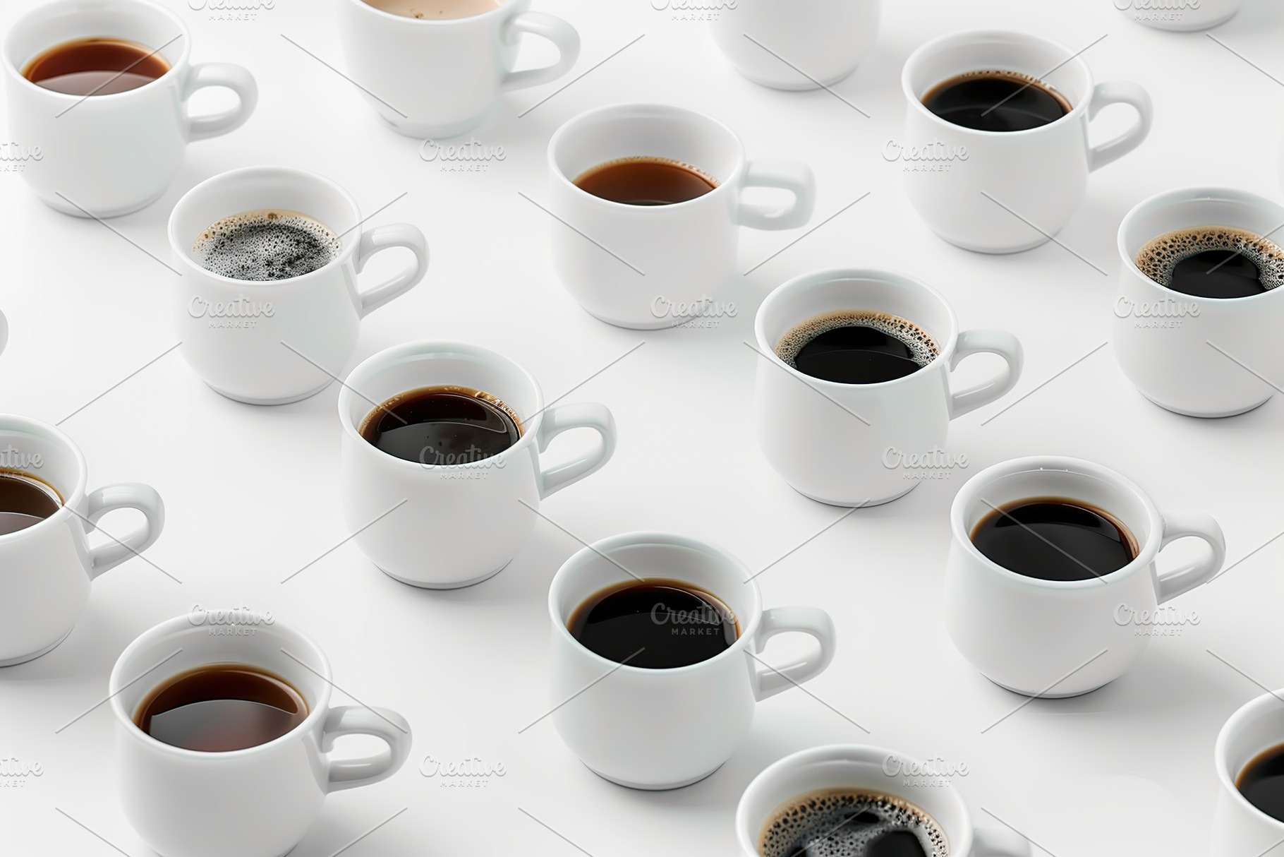 Different cups of coffee on white background, a Food & Drink Photo by AlyaAnd