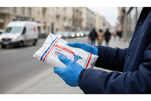 A medical courier holding an urgent, a Transportation Photo by Igor Tichonow