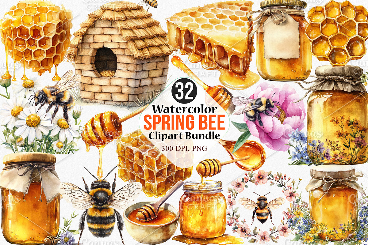 Watercolor Spring Bee Clipart Bundle, an Illustration by Canvas Craft (Photo 1 of 7)
