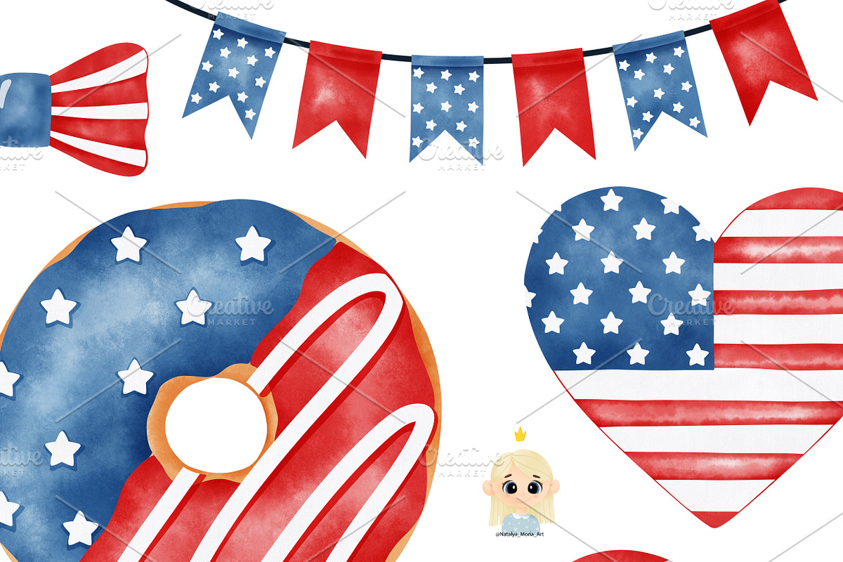 4th of July watercolor clipart, a Decorative Illustration by Natalya_Mona_Art (Photo 3 of 9)