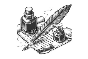 quill pen with ink bottle and scroll, an Object Illustration by AlexArt