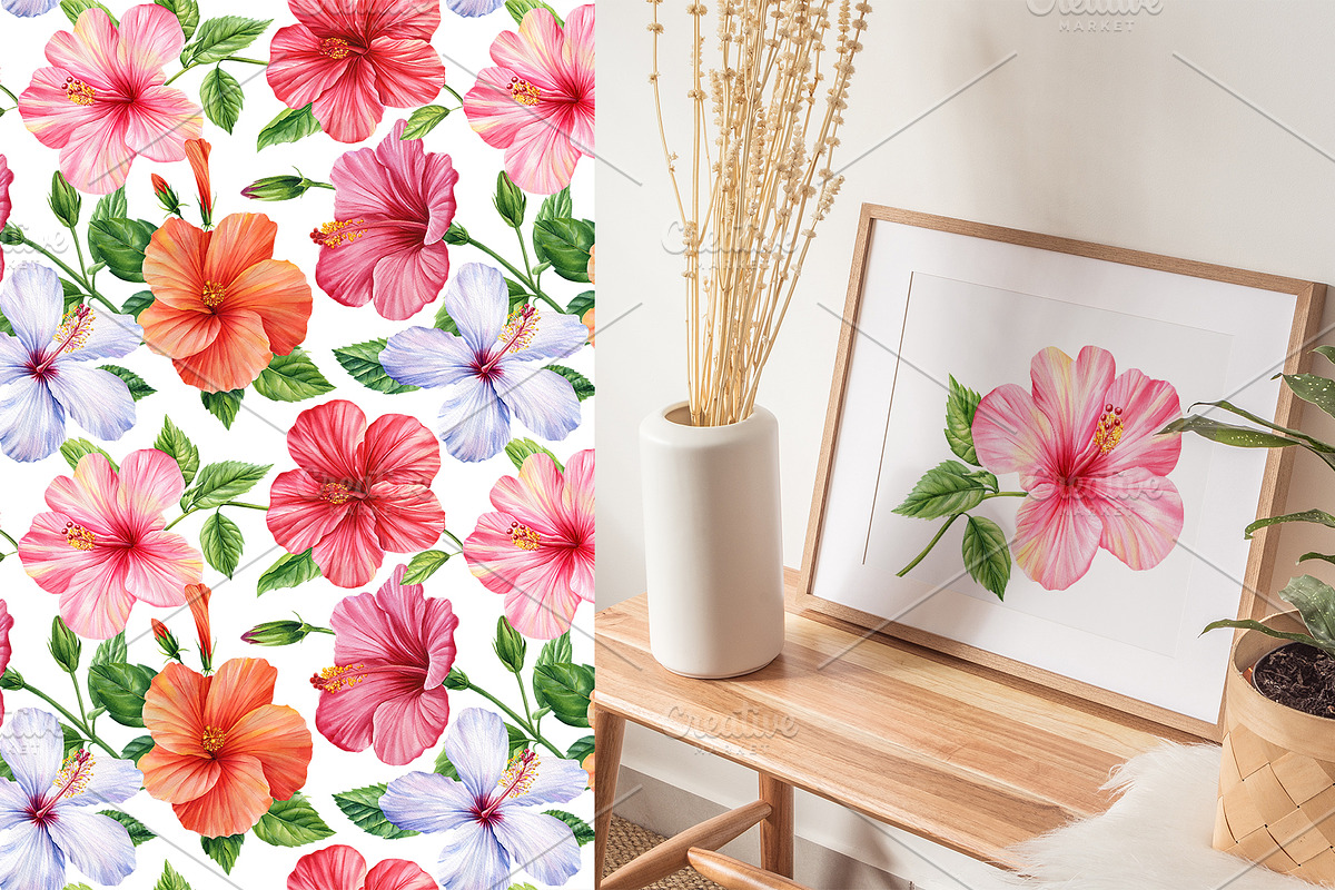 Watercolor tropical hibiscus flowers, an Object Illustration by Hanna Hryharenka (Photo 5 of 18)