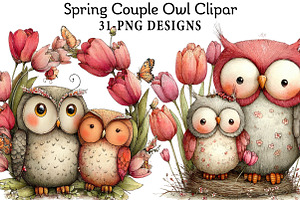 Spring Couple Owl Clipar, an Illustration by Daily.Designs