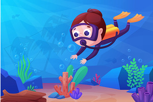 Child diver. Scuba girl in suit, a Sport Illustration by LadadikArt
