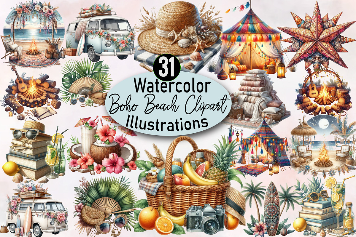 Boho Beach Sublimation Clipart Bundl, an Illustration by SVGArt (Photo 1 of 8)