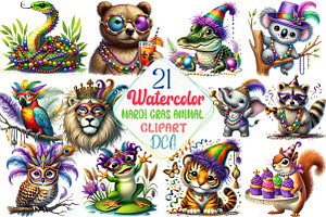 Watercolor Mardi Gras Animal Clipart, an Illustration by DreamCafeArt