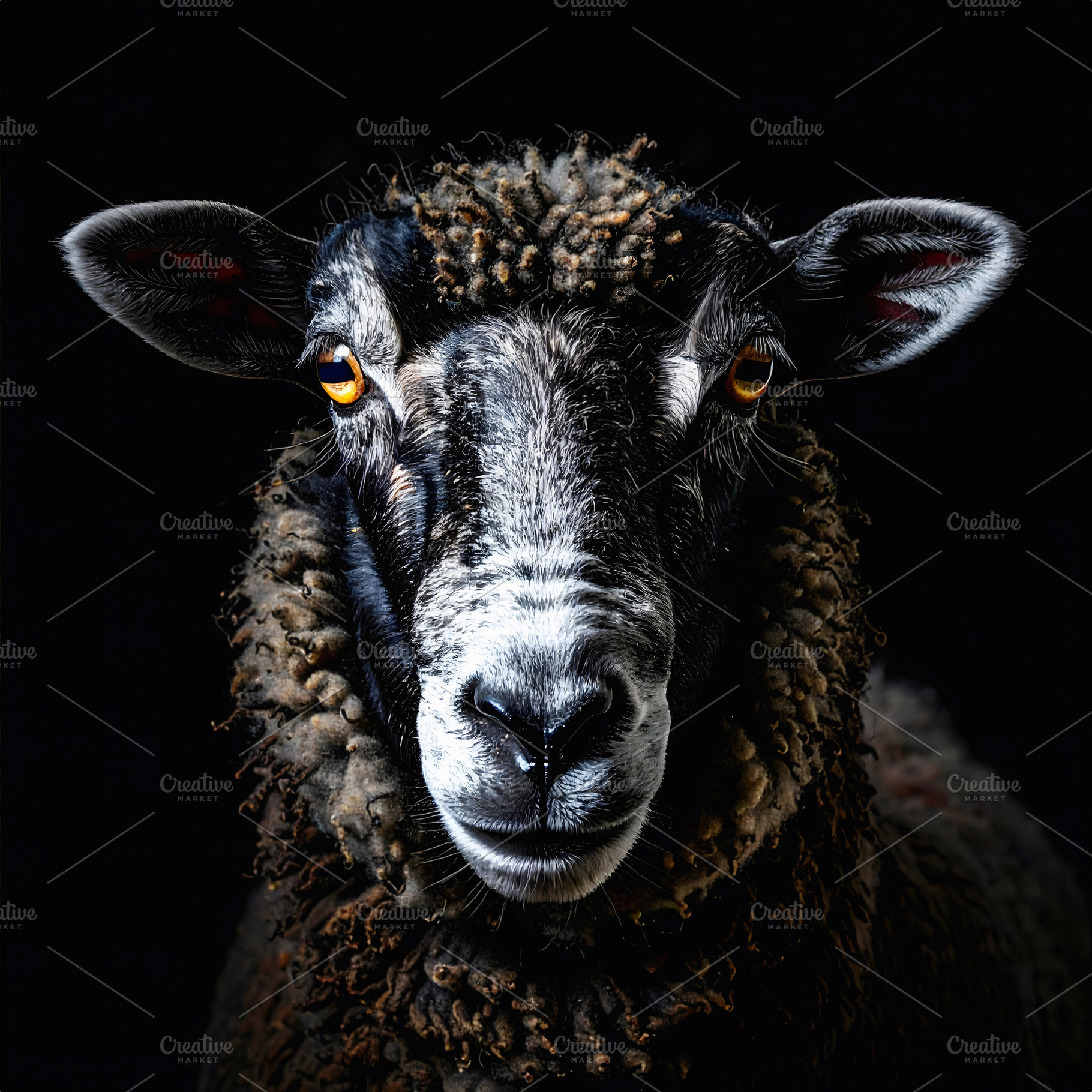 Black sheep with curly wool and piercing orange eyes, an Animal Photo by GoodGoods