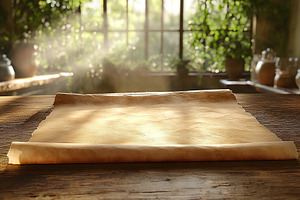 An empty parchment roll lies on a wooden table, illuminated by soft sunlight st, a Background Photo by ImageMir