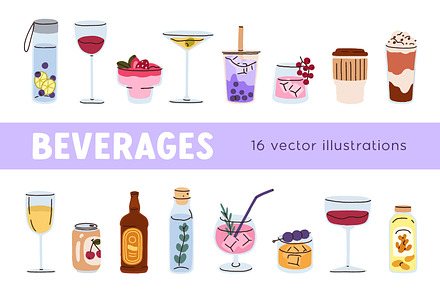 Alcohol & soft drinks. Beverages set, a Food Illustration by Good Studio
