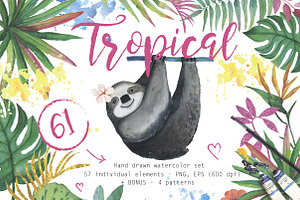 61 Tropical watercolor set elements