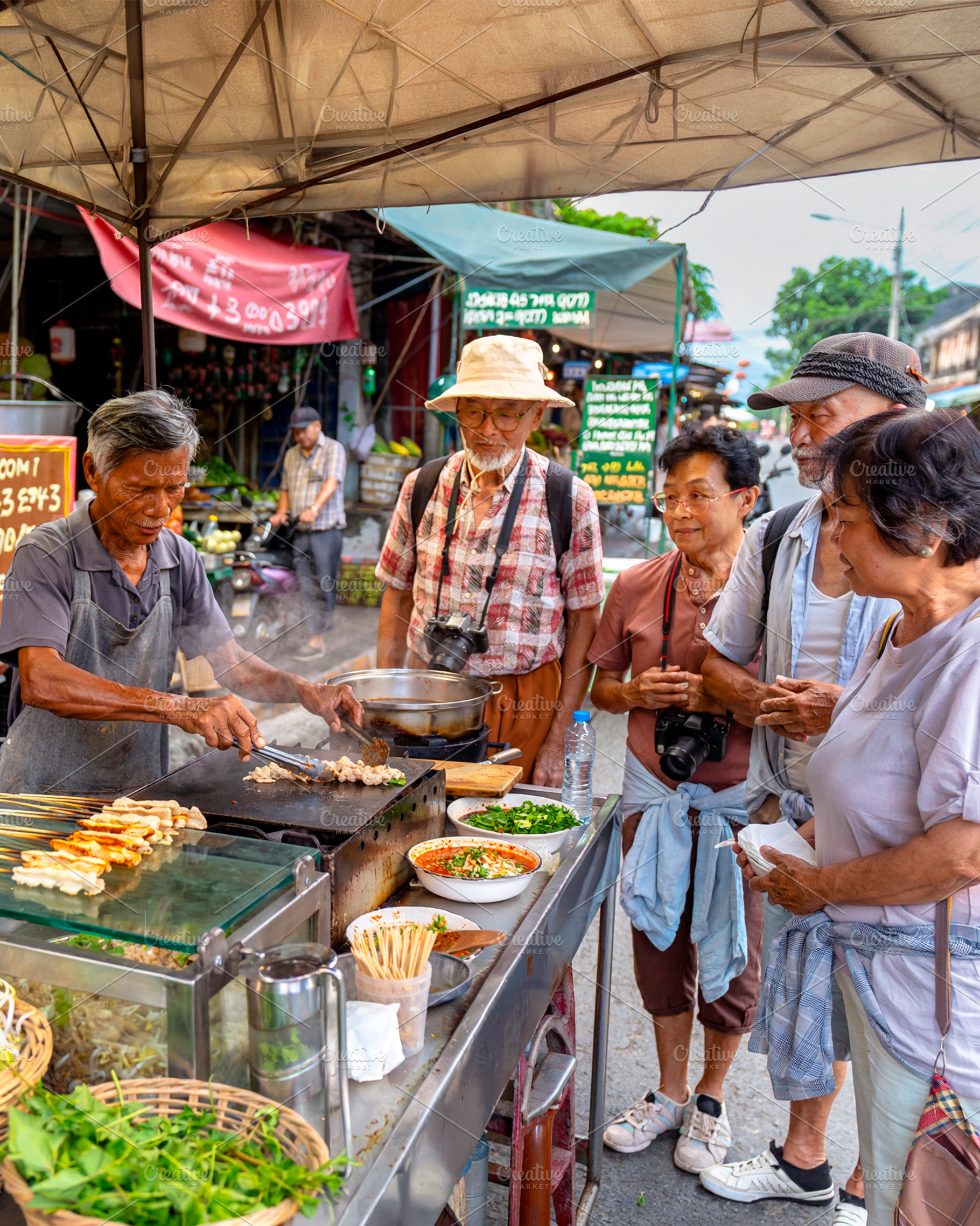 Asian multicultural group of tourists gathered around a busy str, a Person Photo by DanFLCreativo