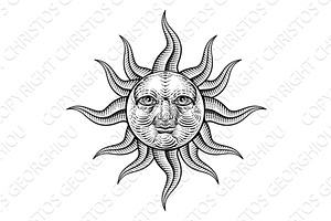 Sun Face Woodcut Drawing Retro