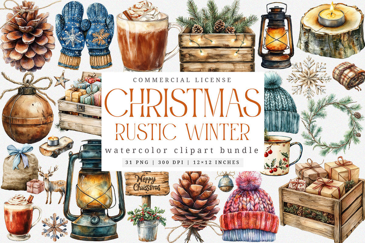 Rustic Winter Christmas Clipart, an Illustration by SinaCreation (Photo 1 of 7)