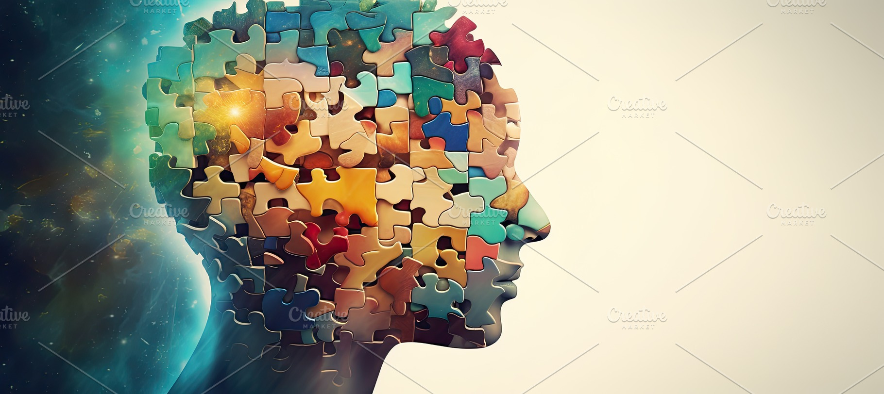 Image of a human head made up of puzzle pieces with vivid colors. Generative AI, a Background Photo by José Manuel Gelpi