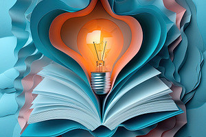 Open book with glowing orange light bulb and layered paper cutou, a Background Photo by José Manuel Gelpi