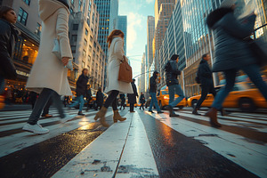 A busy urban street scene with pedestrians crossing a black and, a Person Photo by ImageMir