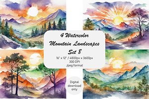 Watercolor Mountain Landscapes Set 8