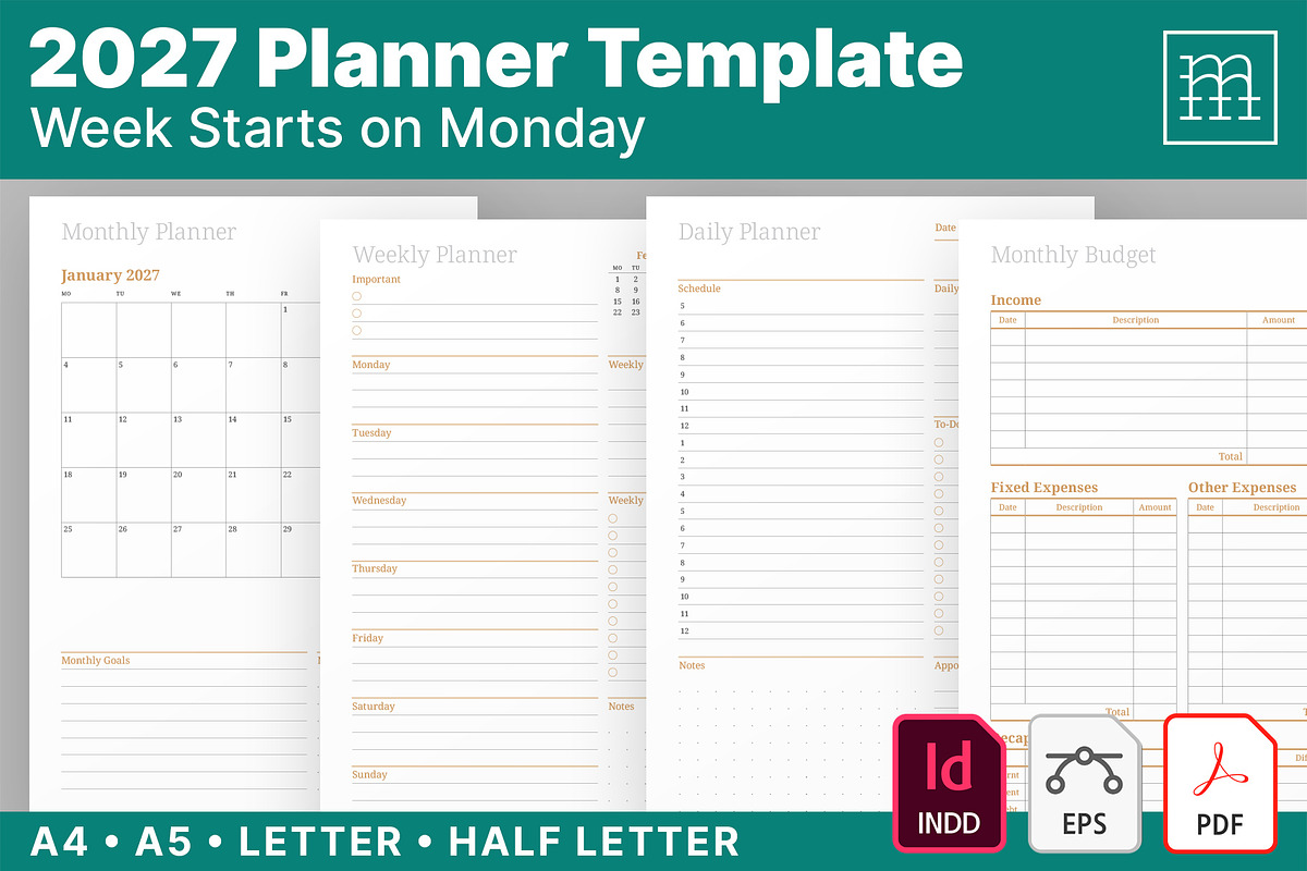 2027 Planner Template (P047-27-M), a Stationery Template by mikhailmorosin (Photo 1 of 10)
