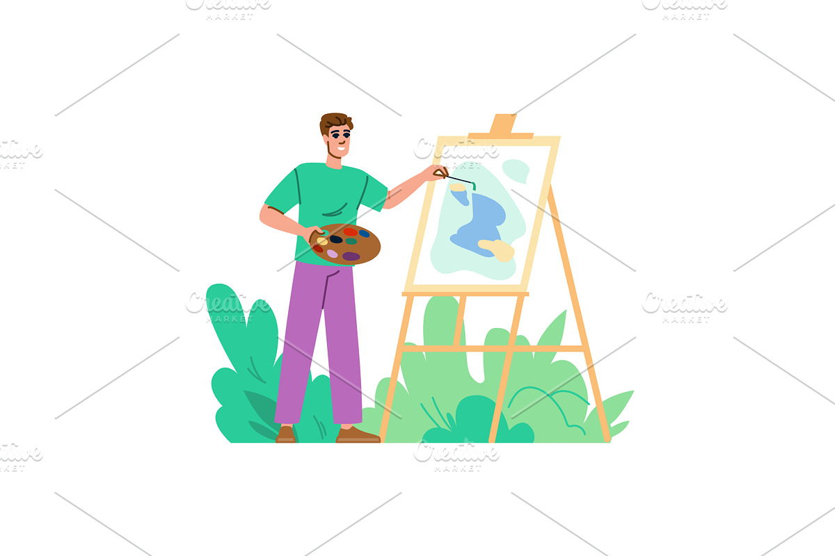 Young artist painting on canvas in, an Illustration by pikepicture