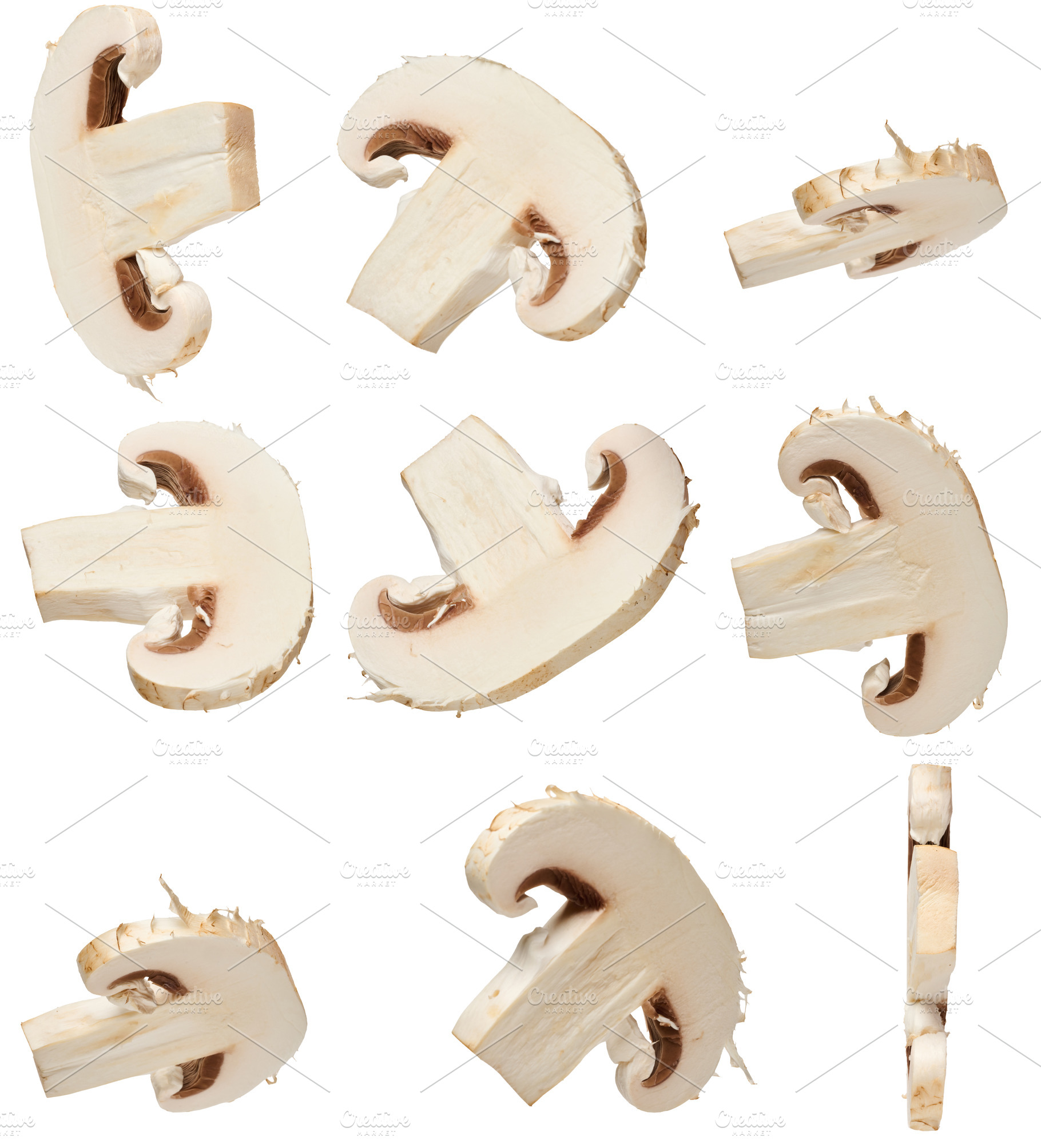 Sliced pieces of raw champignon mushroom in different angles on, a Food & Drink Photo by ndanko