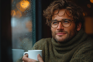 Thoughtful young man with curly hair and glasses, enjoying a warm drink by the, a Person Photo by ImageMir