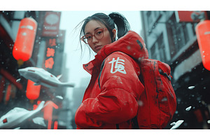 Asian woman in a red jacket with, a Beauty & Fashion Photo by Sergey Kotenev