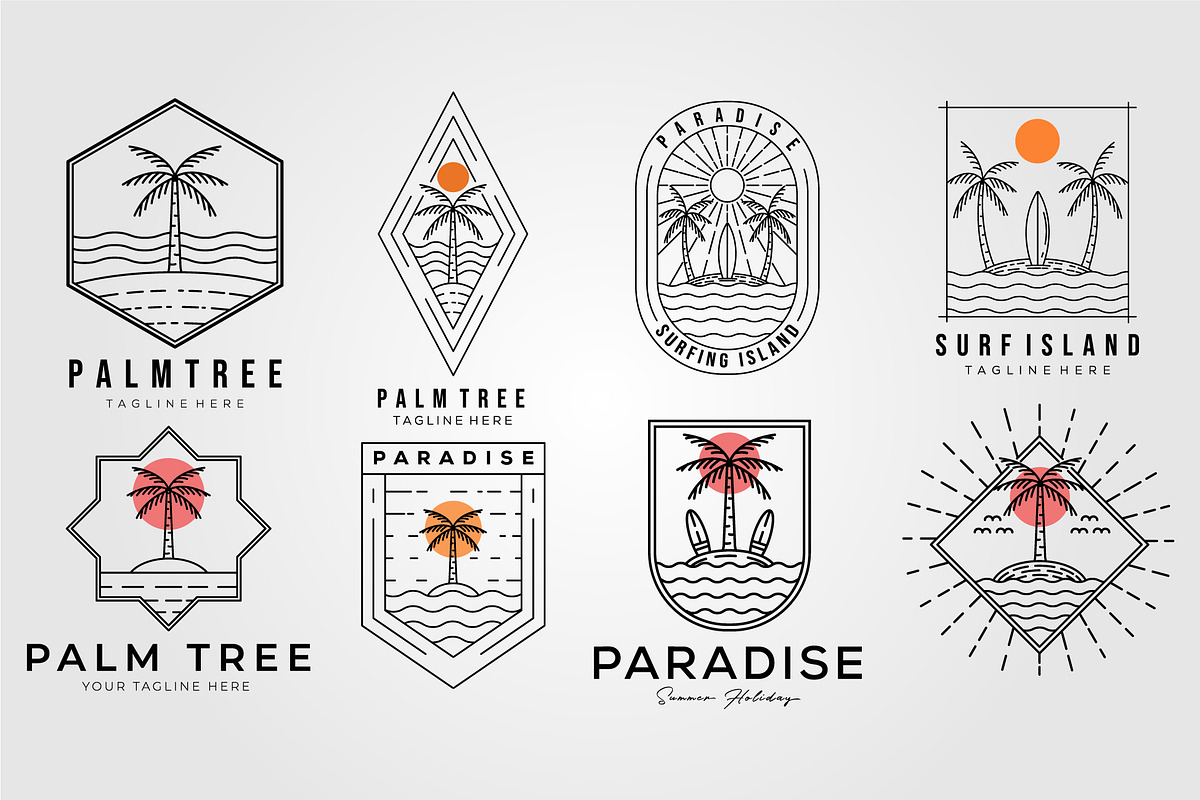 set of palm tree and paradise logo, a Graphic by Rizkaarishandy_shop