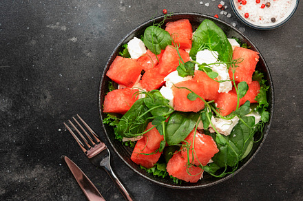 Summer watermelon salad bowl with goat cheese, spinach and pea s, a Food & Drink Photo by 5PH