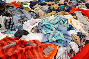 striped shirts and tops scattered in bins at a market, a Photo by Nito
