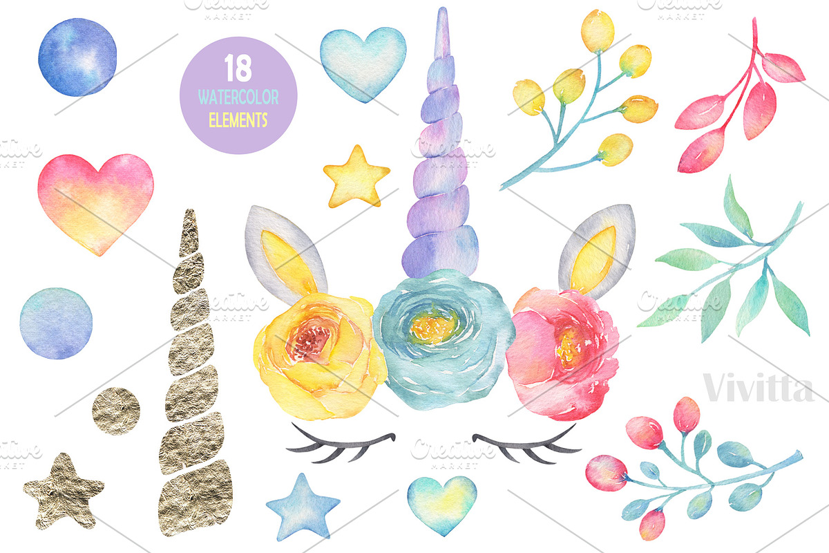 Watercolor Unicorn floral clipart, an Animal Illustration by Vivitta (Photo 2 of 4)