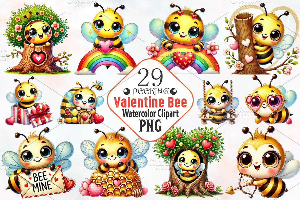 Peeking valentine bee clipart, an Illustration by RobertsArt (Photo 1 of 7)