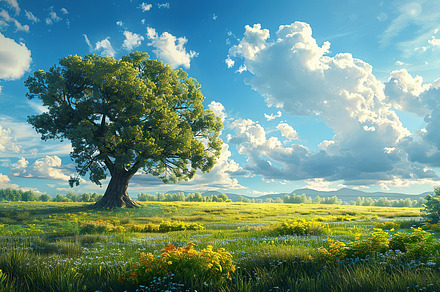 Lush green field under blue skies wi, a Photo by LOGOCREATIVE