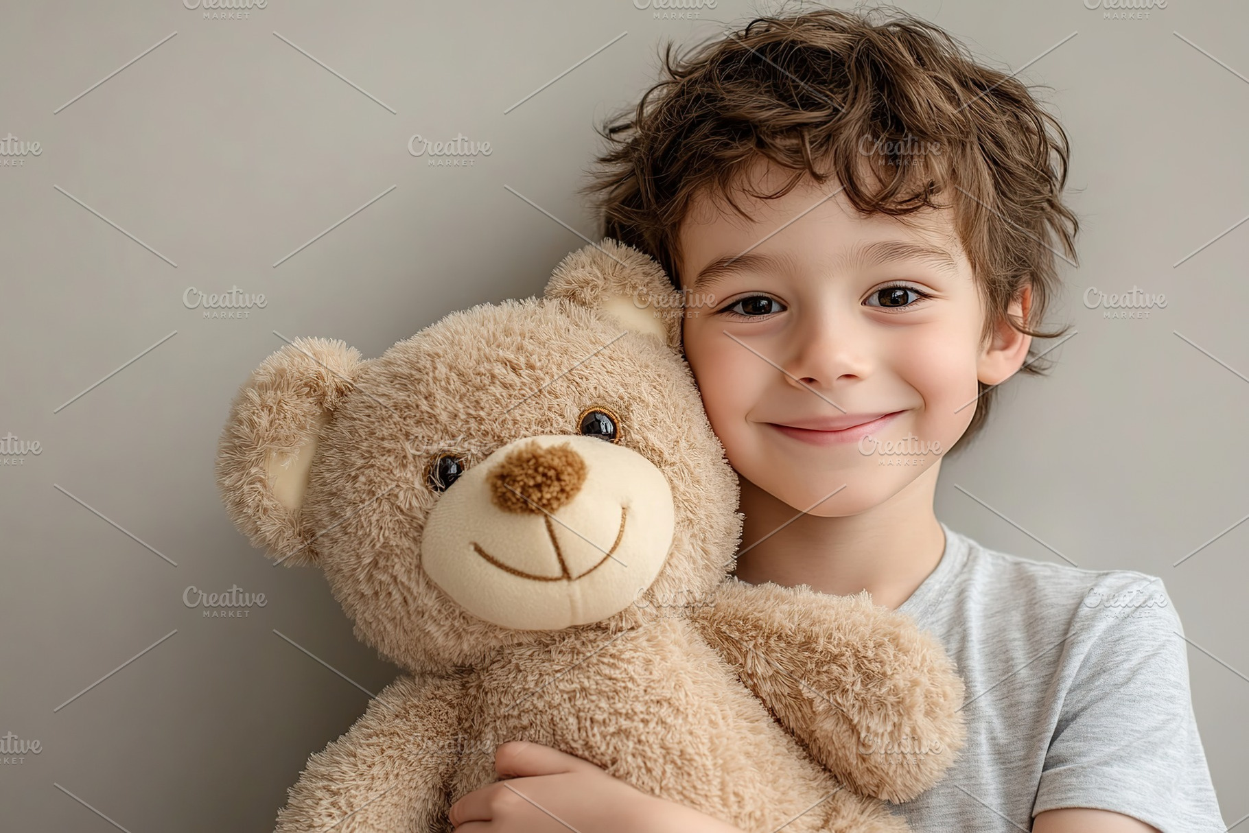 Old child boy embraces plush stuffed bear, smiling with joy in a cozy indoor se, a Person Photo by AlyaAnd