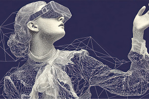 Victorian-style woman in digital wireframe wearing VR headset an, an Abstract Photo by José Manuel Gelpi