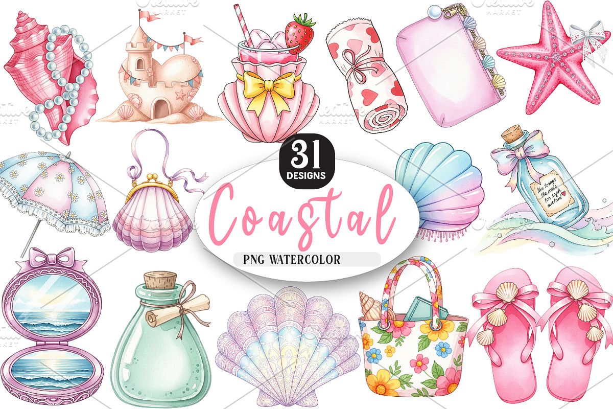 Coquette Coastal Clipart Bundle, an Illustration by Watercolor design (Photo 1 of 4)