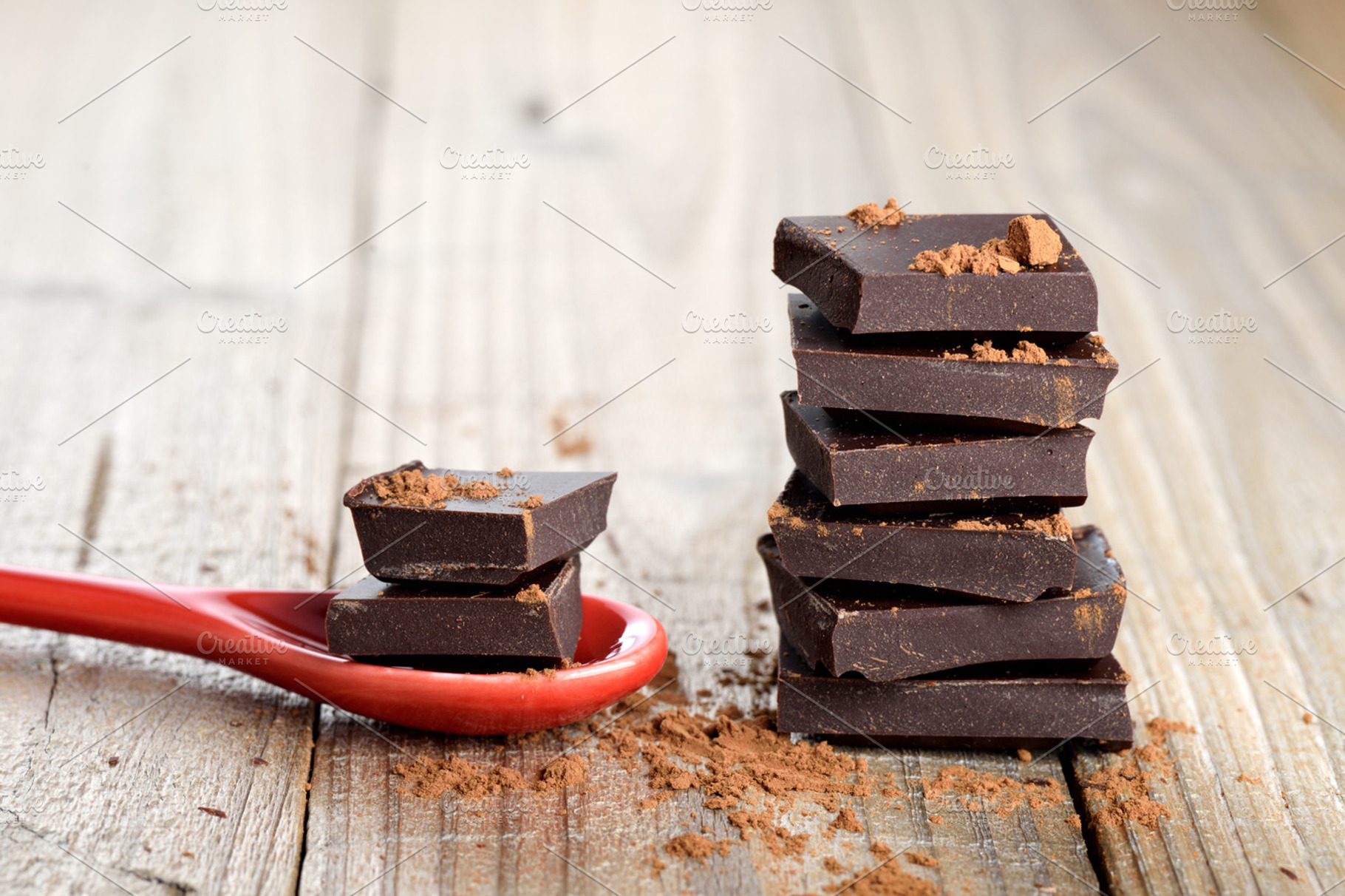Chocolate pieces with cocoa containing chocolate, cocoa, and cacao