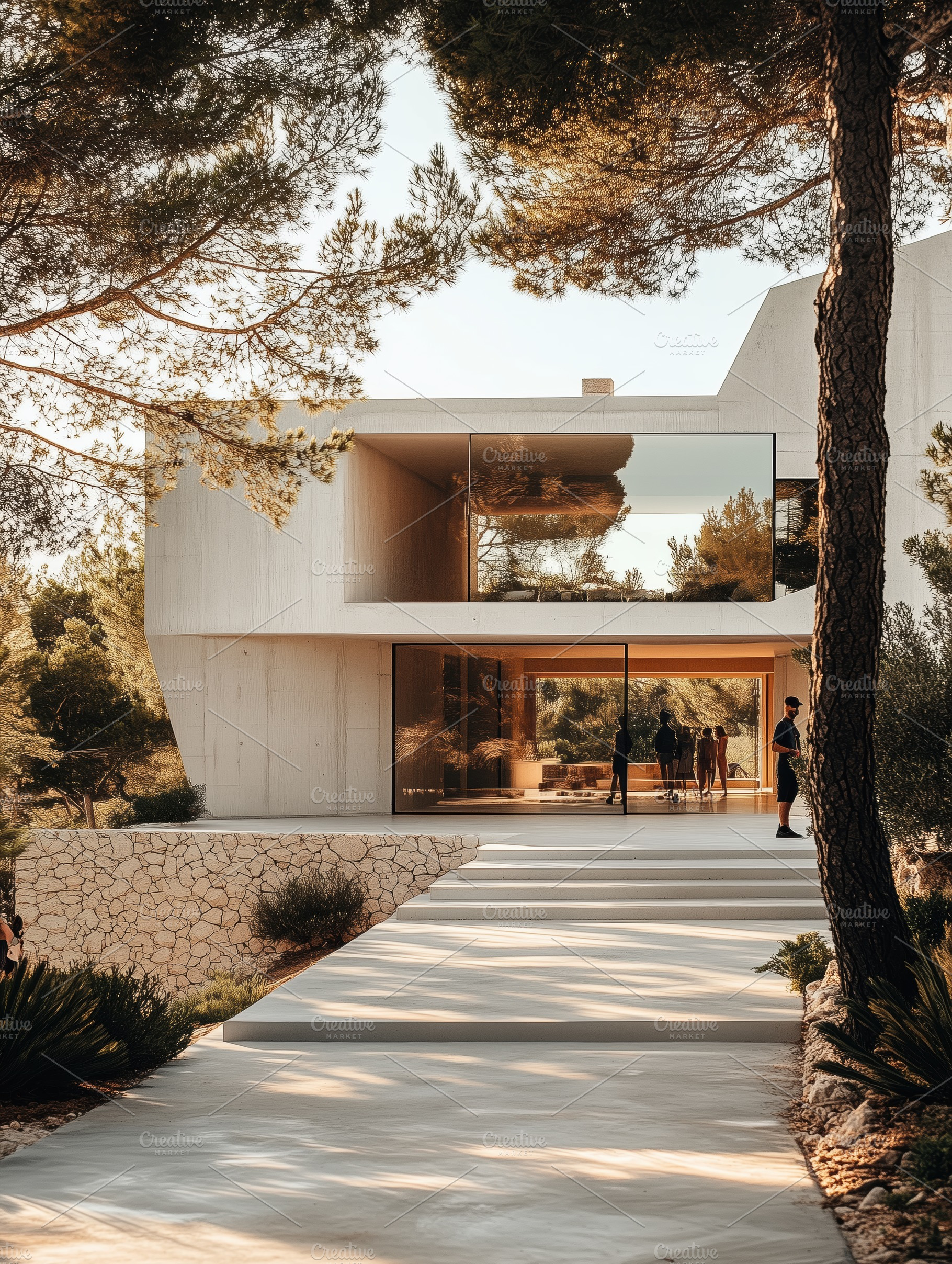 A modern architectural house with a sleek design, featuring large glass windows, an Industrial Photo by Textures & Backgrounds