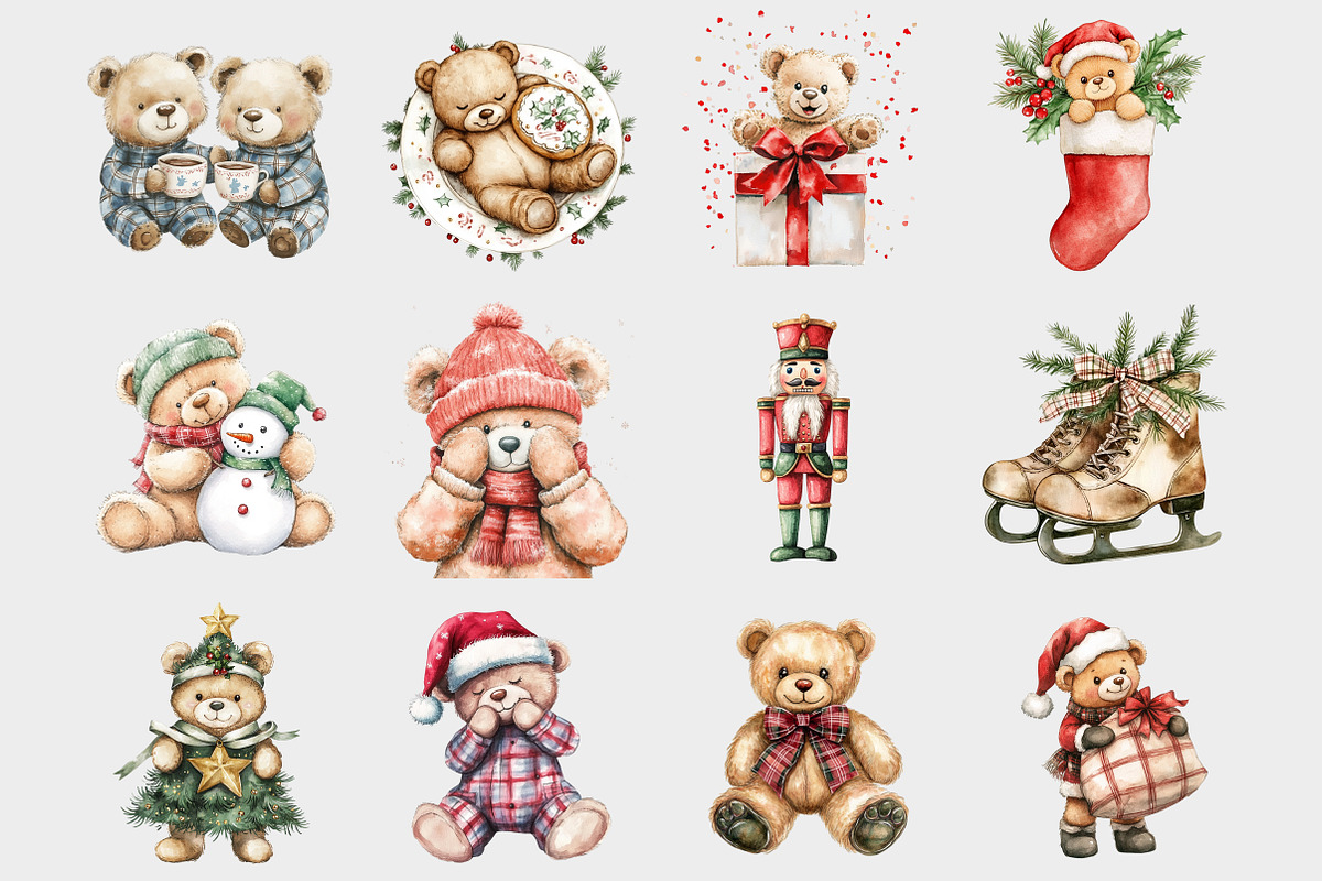 Watercolor Christmas Teddy Bear Clip, a Seasonal Illustration by Design Market (Photo 2 of 5)