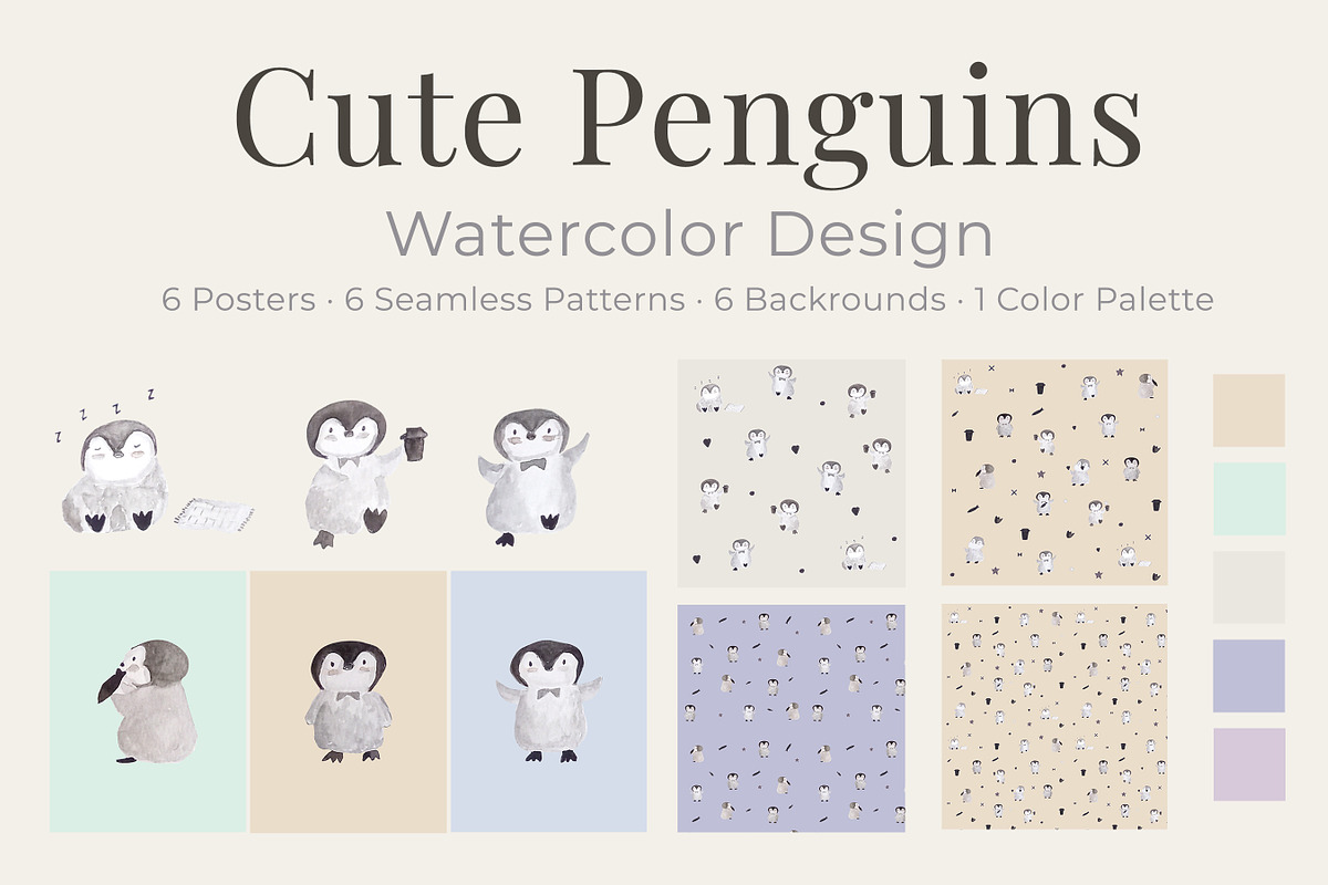 Cute Penguins Watercolor Collection, an Animal Illustration by ElicoelhoDesign Shop (Photo 1 of 5)