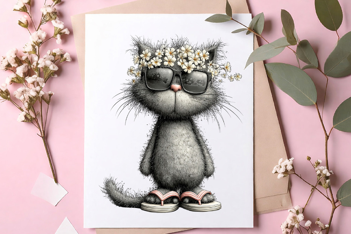 Whimsical Summer Gray Cat Clipart, an Illustration by Canvas Craft (Photo 6 of 7)