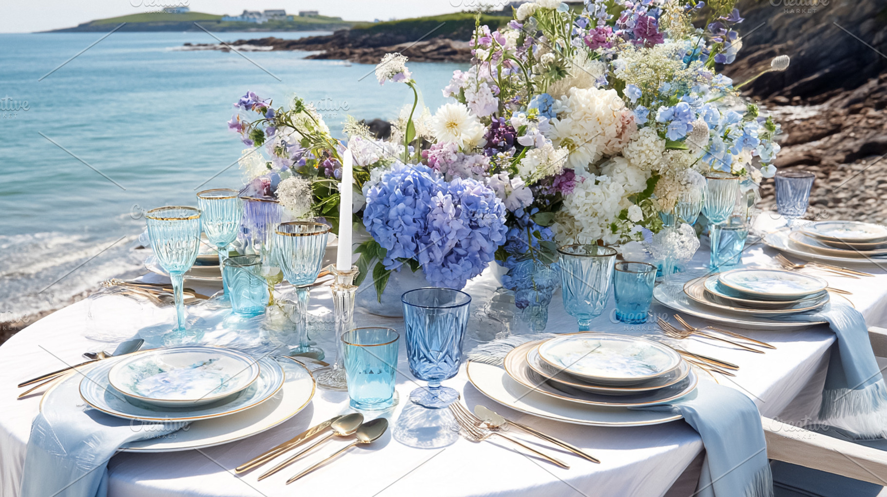 Elegant coastal table setting with floral arrangements, fine tab, a Holiday Photo by Studio ANNA