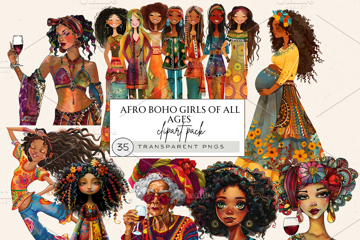 AFRO BOHO GIRLS ALL AGES CLIPART, a Person Illustration by Daring Digies (Photo 1 of 10)
