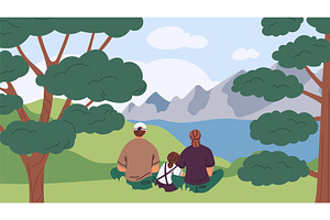 Family admires nature. Happy parents, a Person Illustration by YummyBuum