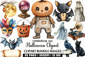 Watercolor Vintage Halloween Clipart, an Illustration by Craft Nest