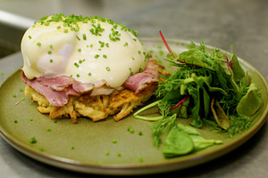 Egg benedict brunch meal salad ham sauce plate, a Food & Drink Photo by Photo Drive Studio