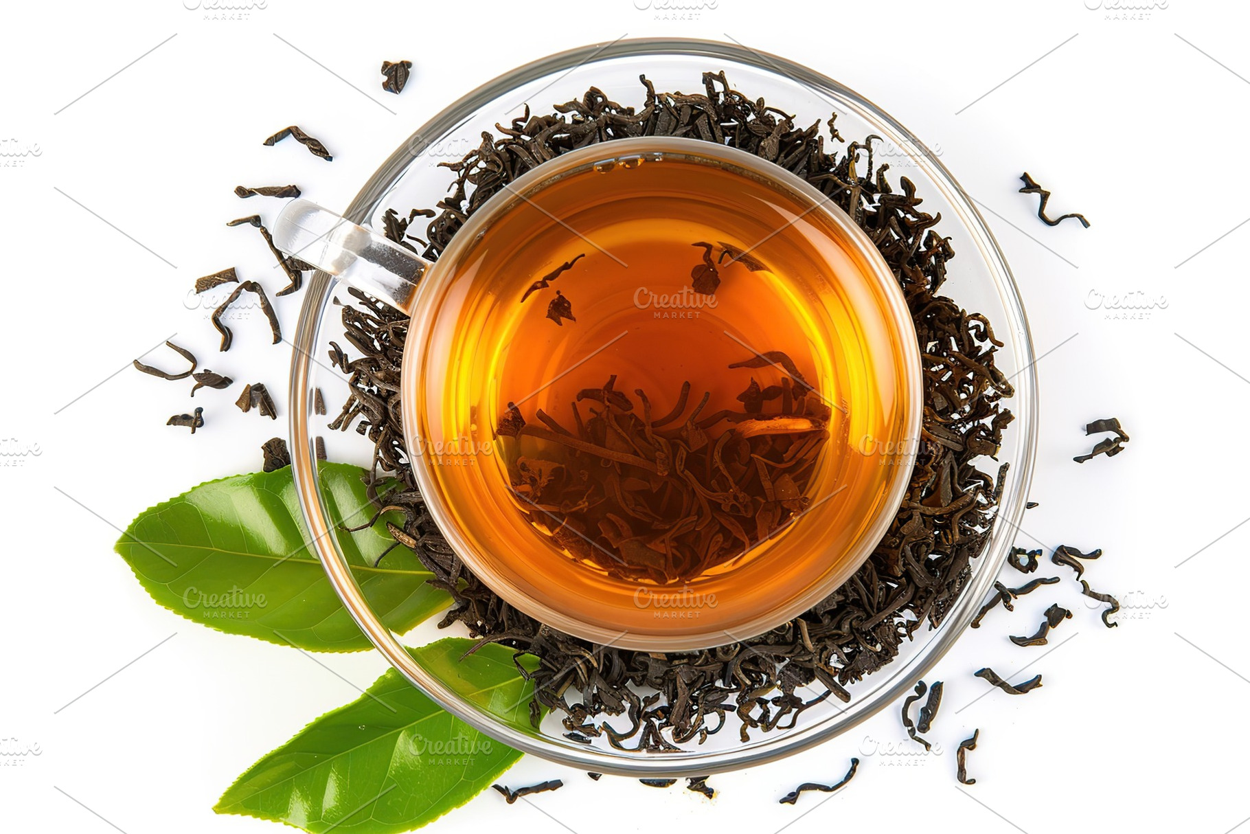 Top view of cup of aromatic tea and green mint leafs on white background, a Food & Drink Photo by AlyaAnd
