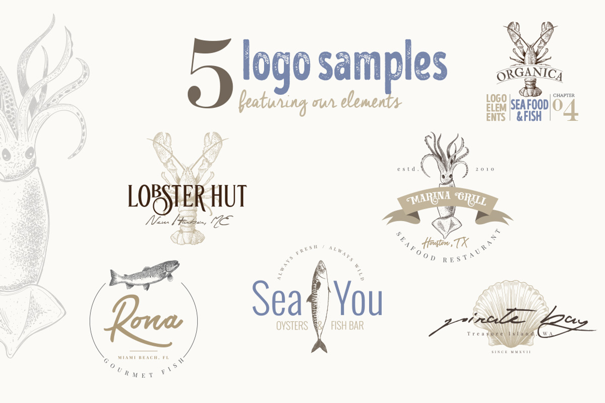 ORGANIC LOGO ELEMENTS  SEA FOOD FISH, a Food Illustration by Friendly Label (Photo 3 of 6)